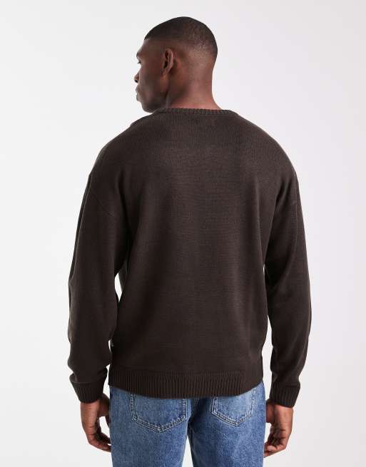Jersey marrón oscuro holgado con cuello redondo de punto de JJ Rebel, 3 de 5