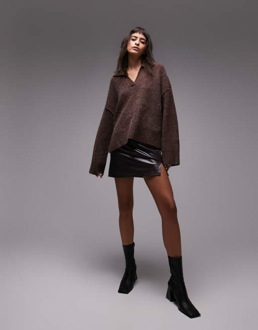 Jersey marrón oscuro sin cierres con cuello de pico y solapas de punto de Topshop, 3 de 4