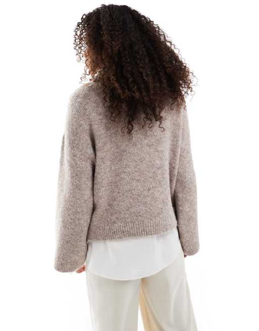 Jersey marrón topo con mangas anchas de punto mullido de mezcla de lana de ASOS DESIGN, 3 de 4
