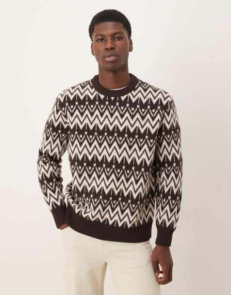 Jersey marrón y crema con patrón y cuello redondo de punto de Selected - view 1