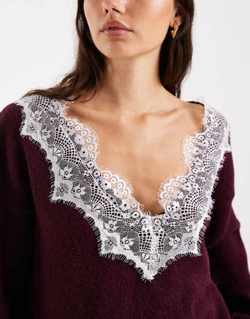 Jersey morado ciruela de punto con cuello de pico y ribete de encaje de ASOS DESIGN, 3 de 4