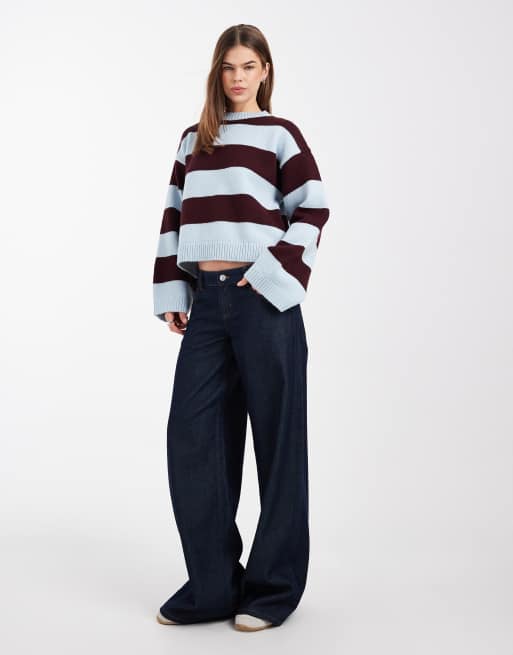 Jersey morado ciruela y azul a rayas anchas de corte cuadrado de punto de ASOS DESIGN, 3 de 4
