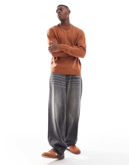 Jersey naranja tostado extragrande con cuello redondo de punto de canalé grueso de Jack & Jones, 2 de 4