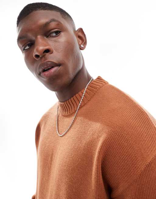 Jersey naranja tostado extragrande con cuello redondo de punto de canalé grueso de Jack & Jones, 3 de 4