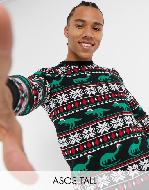 Jersey navideño de grecas alpinas con diseño de dinosaurio de punto de ASOS  DESIGN Tall