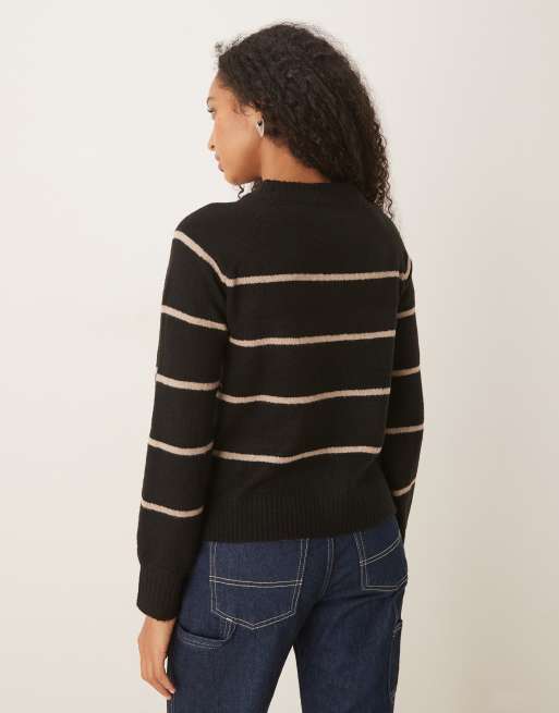 Jersey negro a rayas beis con cuello redondo de punto de Brave Soul, 4 de 4