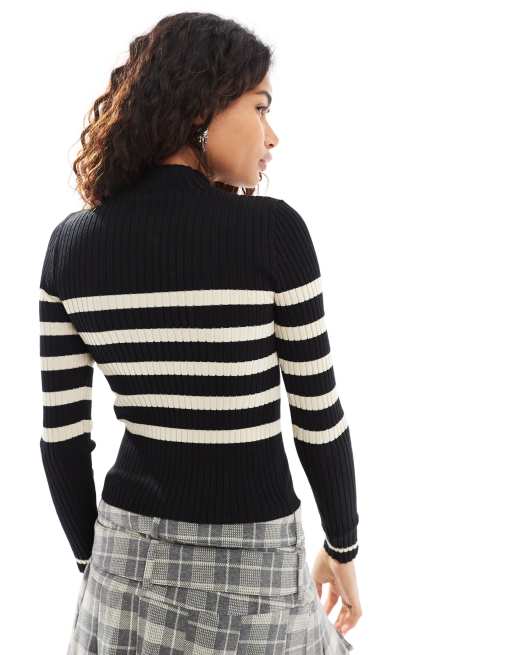 Jersey negro a rayas color crema con cuello alto de canalé de Noisy May, 3 de 4