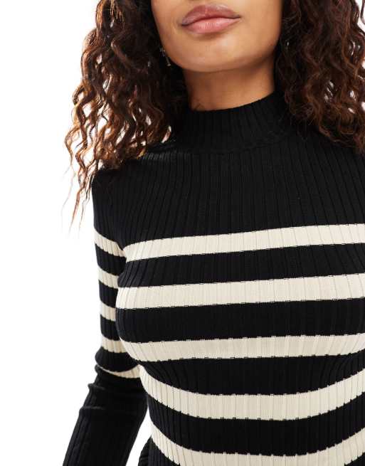 Jersey negro a rayas color crema con cuello alto de canalé de Noisy May, 4 de 4