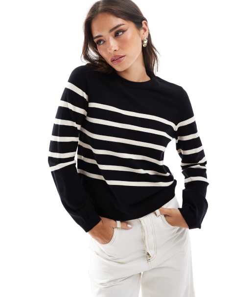 Jersey negro a rayas color crema con cuello redondo de Vero Moda - view 1