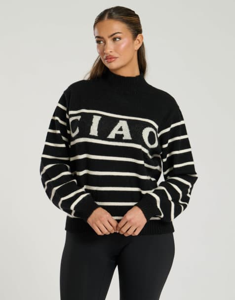 Jersey negro a rayas con cuello alzado y texto de punto de South Beach - view 1