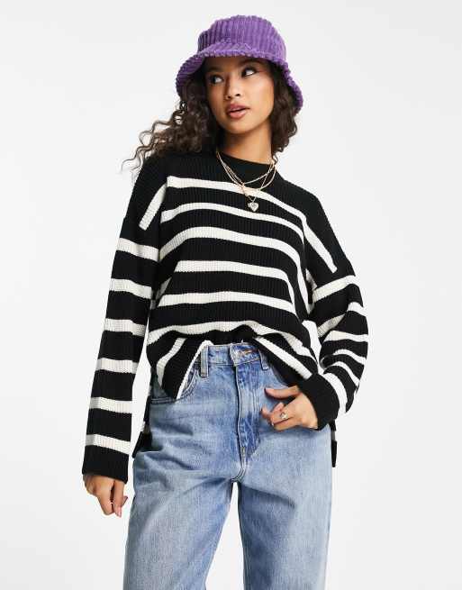 Jersey negro a rayas con cuello redondo y detalle de abertura lateral de punto de New Look
