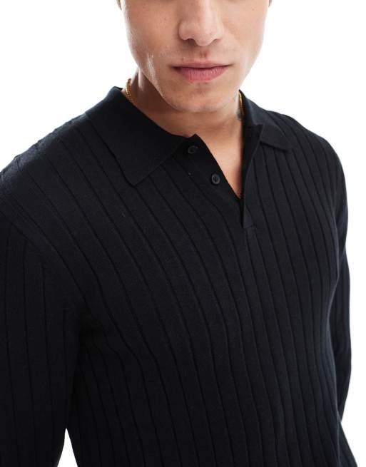 Jersey negro ajustado básico con cuello tipo polo de canalé de ASOS DESIGN, 3 de 4