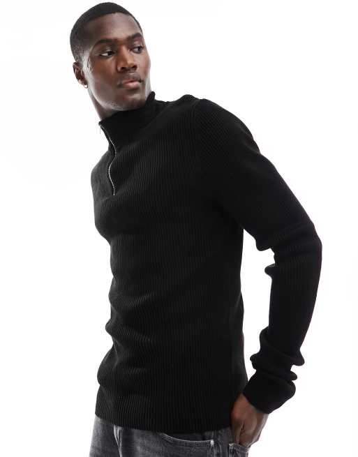 Jersey negro ajustado básico con media cremallera de punto de ASOS DESIGN