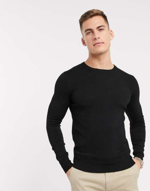 Jersey negro ajustado y elástico con cuello redondo de punto fino Premium de Gianni Feraud