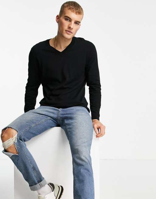 Jersey negro con cuello de pico de punto de algodón de ASOS DESIGN