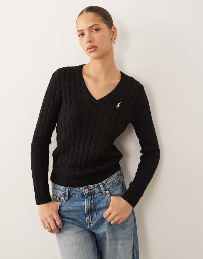 Polo Ralph Lauren Jersey negro con cuello de pico y logo de icono de punto de ochos de algodón Kimberly