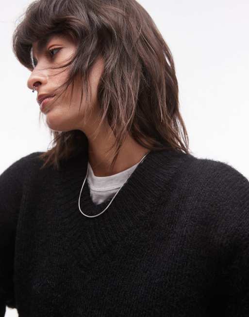 Jersey negro con cuello subido de pico de punto mullido de Topshop, 2 de 4