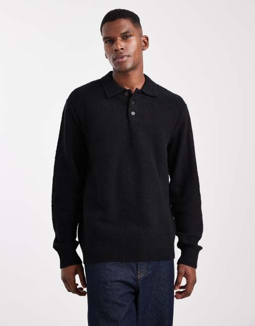 Jersey negro con cuello tipo polo de bouclé de Jack & Jones