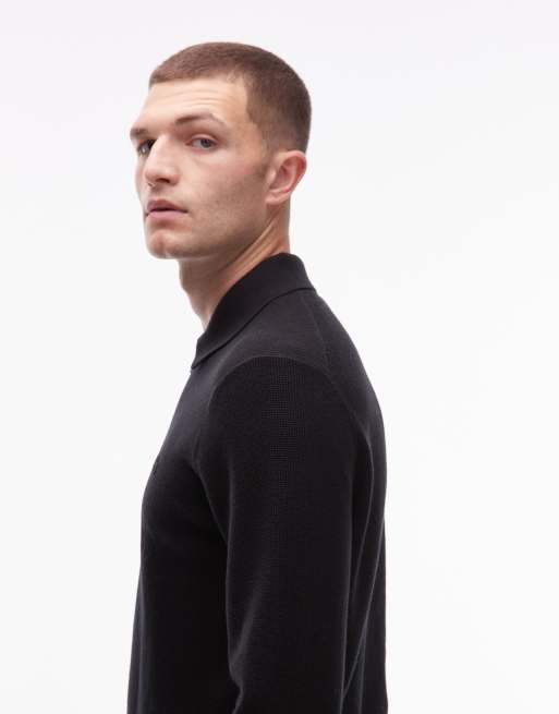 Jersey negro con cuello tipo polo y logo de cocodrilo grande de punto de Lacoste, 4 de 5