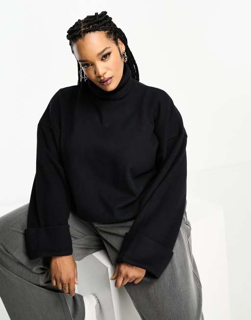 Jersey negro con detalle en los puños y cuello vuelto de tejido supersuave de ASOS DESIGN Curve