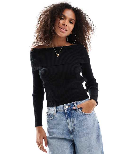 Jersey negro con escote Bardot de punto de ONLY , 2 de 4