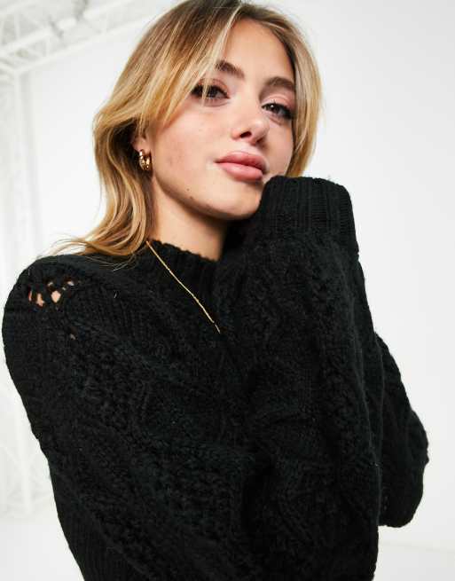 Jersey negro con mangas globo de punto calado mullido de Miss Selfridge, 4 de 4