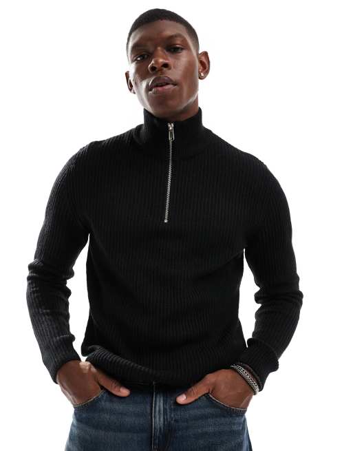 Jersey negro con media cremallera de punto de canalé de JJ Rebel