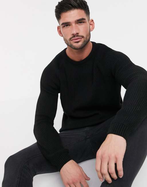 Jersey negro de canalé con manga raglán de ASOS DESIGN