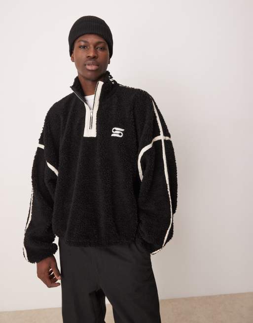 Jersey negro de corte cuadrado ultragrande con media cremallera y bordado de felpa de borreguito de ASOS DESIGN 
