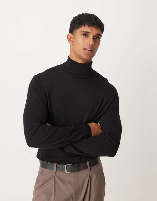 Jersey negro de manga larga con cuello alzado de punto fino de Mango