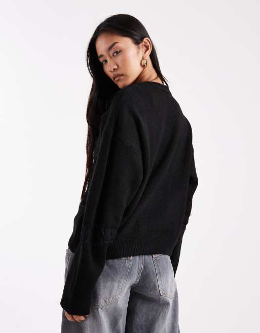 Jersey negro de punto con mangas anchas y ribete de encaje de ASOS DESIGN, 2 de 4