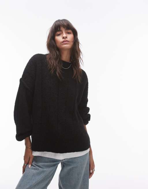Jersey negro extragrande con cuello redondo de punto mullido acanalado de Topshop, 2 de 4