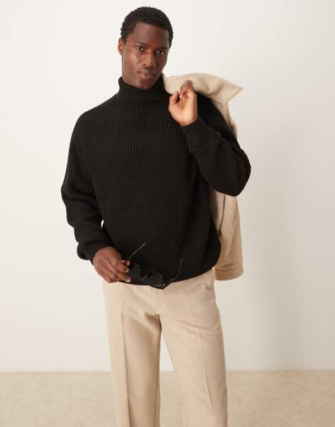 Jersey negro extragrande con cuello vuelto de punto inglés acanalado de ASOS DESIGN - view 1