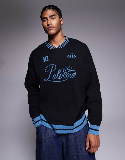 Jersey negro extragrande con estampado deportivo "Vadella" y cuello de pico subido de punto de ASOS DESIGN - view 1