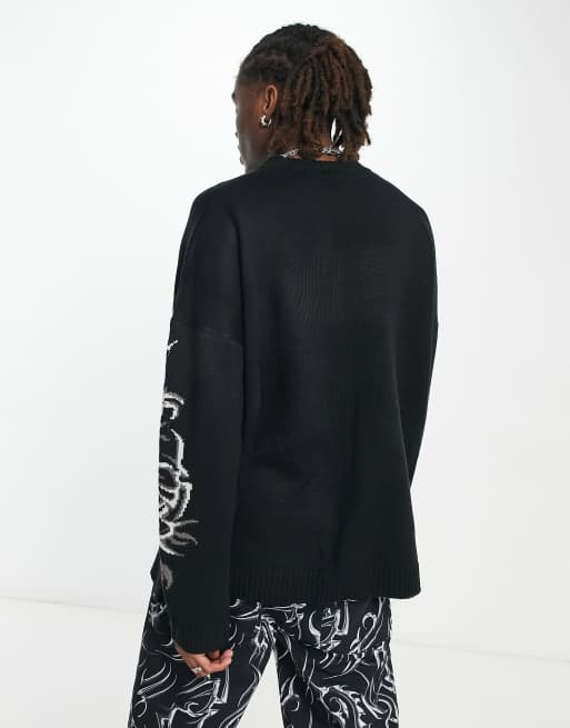 Jersey negro extragrande con estampado gráfico grunge de punto de The Ragged Priest, 4 de 4