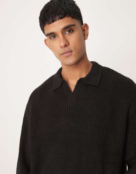 Jersey negro extragrande con muesca en el cuello de punto inglés de canalé de ASOS DESIGN - view 1