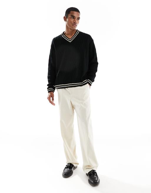 Jersey negro extragrande de estilo críquet con cuello de pico de punto de ASOS DESIGN