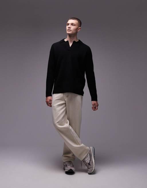 Jersey negro holgado con cuello de solapas abierto de lana de cordero de premium de Topman, 4 de 4