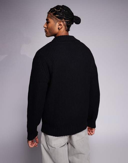 Jersey negro holgado con cuello de solapas abierto de punto texturizado Spiro de HUGO BLUE, 3 de 5