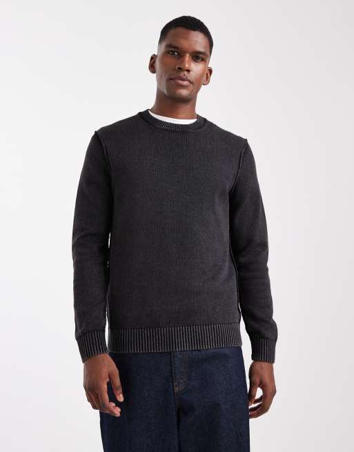 Jersey negro lavado con cuello redondo de punto de ONLY & SONS