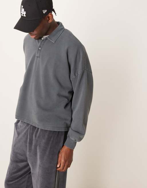 Jersey negro lavado extragrande con cuello tipo polo y hombros caídos de ASOS DESIGN