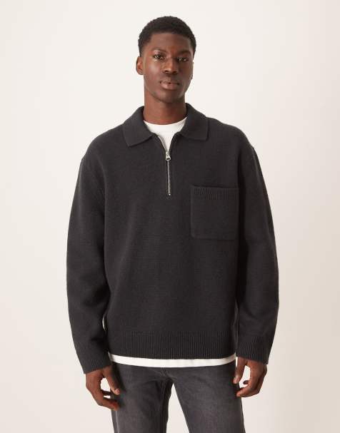 Jersey negro lavado extragrande con media cremallera y cuello tipo polo de lana de ARKET - view 1