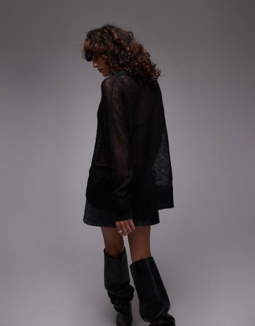 Jersey negro traslúcido de corte alargado de punto de Topshop, 4 de 4