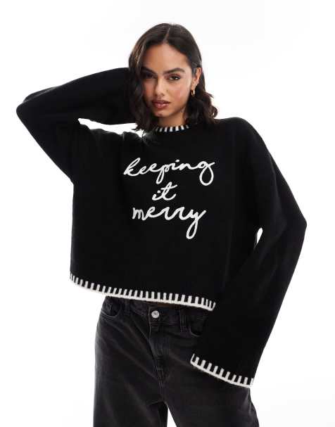 Jersey negro y blanco con texto de Navidad, cuello redondo y pespuntes de festón de ASOS DESIGN - view 1