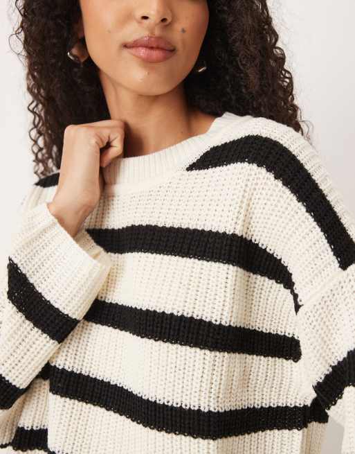 Jersey negro y crema a rayas con cuello redondo de punto de JDY, 3 de 4