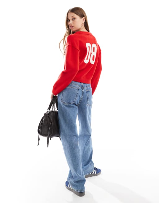 Jersey rojo con cuello de pico tipo polo y estampado gráfico trasero de punto de Cotton On