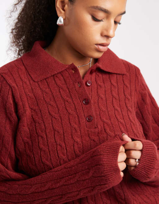 Jersey rojo con cuello tipo polo de punto de ochos de New Look Curve, 4 de 4