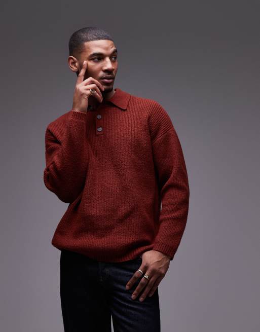 Jersey rojo oscuro holgado con cuello tipo polo de punto compacto de Topman