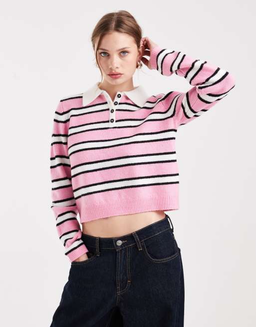 Jersey rosa a rayas con cuello tipo polo de punto de ONLY