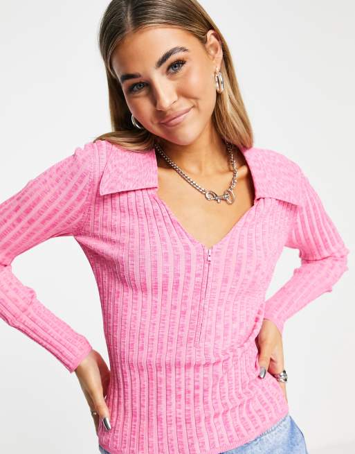 Jersey rosa con cremallera delantera de canalé de hilos mezclados de ASOS DESIGN, 4 de 4